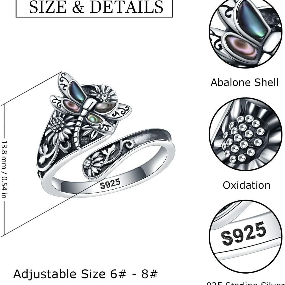 S925-Sterling-Silver Turquoise Dragonfly/Butterfly Spoon Ring - Vintage Boho Sun - Picture 6 of 6